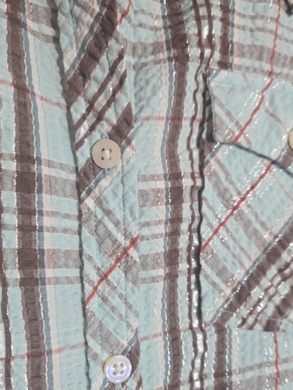 Bit & Bridle Short-Sleeve Plaid Button-Down in Aqua and Brown P2P 21" - Picture 3 of 5